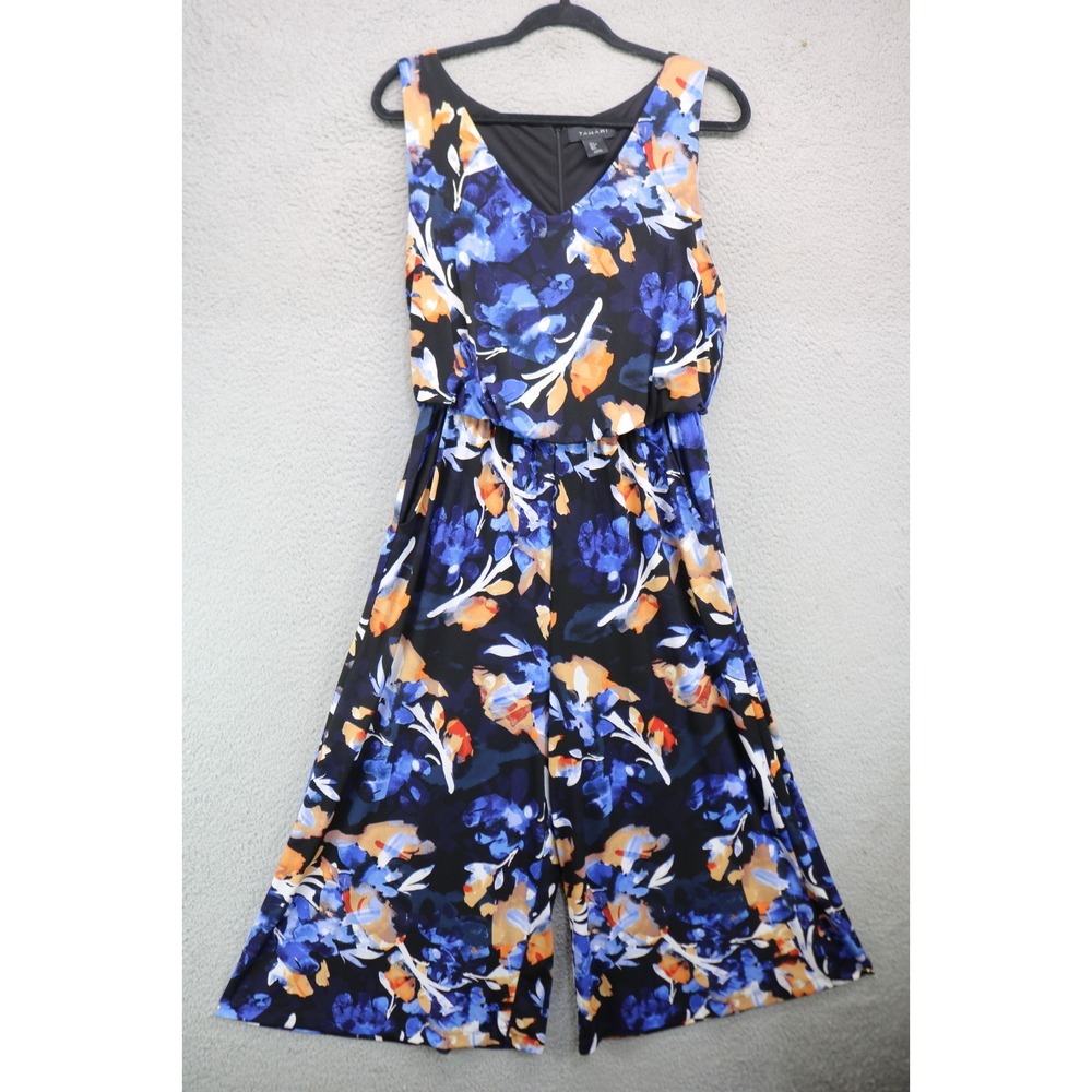 Tahari Dark Floral Wide Leg Jumpsuit-Size Large-Whimsigoth-Beachy-Resort